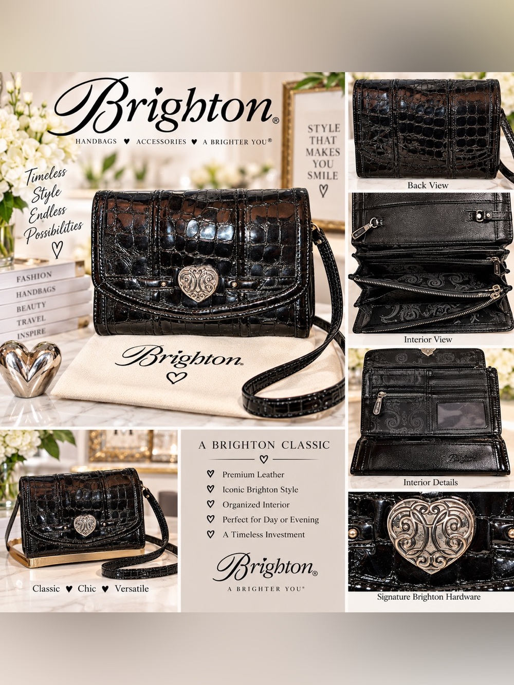 Brighton Black Croc-Embossed Leather Crossbody Wallet with Heart Clasp